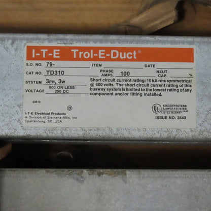 ITE TD310 Trol-E-Duct 90' Copper Busway 100A 3-Phase 3W 600VAC (9 Sections)