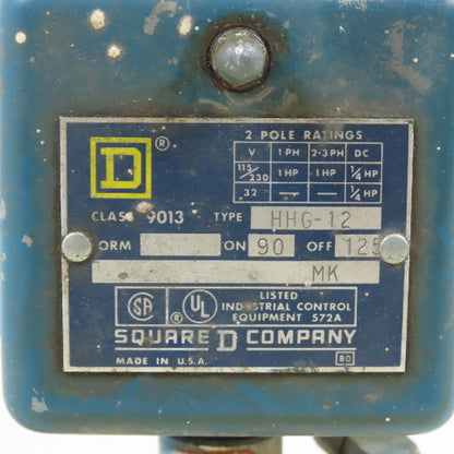 Square D HHG-12 Pressure Switch 115/230V On 90PSI Off 125PSI W/ 34HJ5XBCV