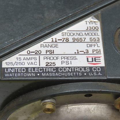 United Electric Controls J300 Pressure Switch 0-20PSI 125/250VAC 1/4" NPT
