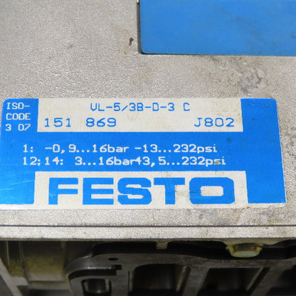 Festo VL-5/3B-D-3 5/3 Way Pressurized Center Pneumatic Valve Air Piloted