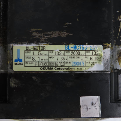 Okuma BL-MC75J-20T 133V AC Servo Motor 2000RPM 1.5kW 3-Phase W/Encoder LT10-M