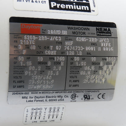 Dayton 2DAM9 BH 10HP 3Ph Washdown Electric Motor 230/460V 215TC Frame 1760RPM