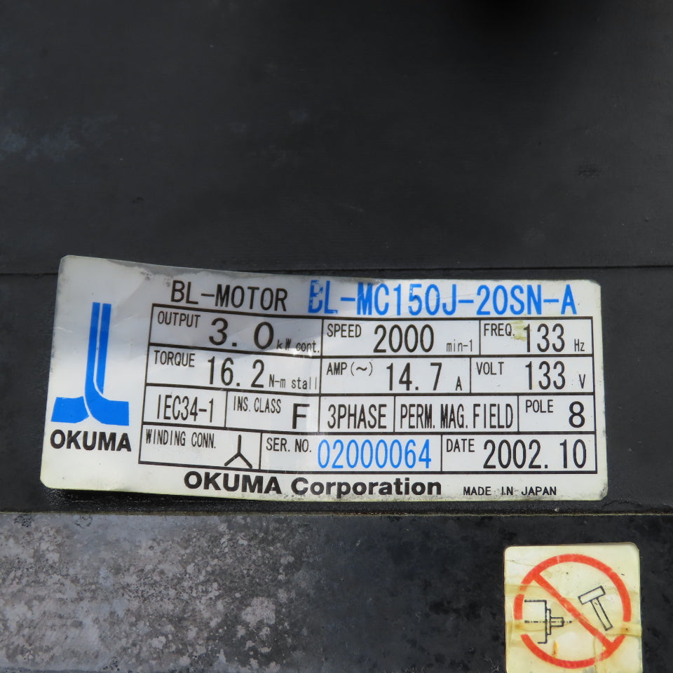 Okuma BL-MC150J-20SN-A 3.0kW AC Servo Motor 2000RPM 133V W/Encoder From LT10-M