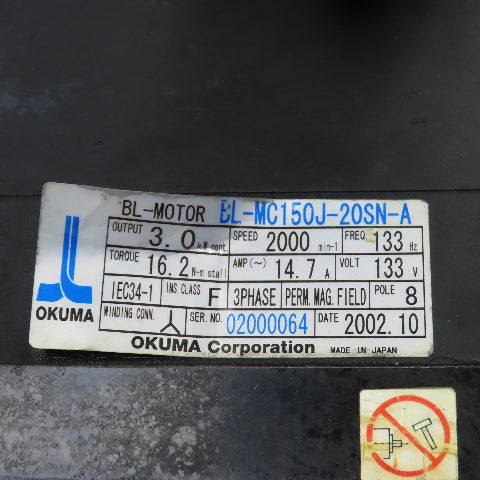 Okuma BL-MC150J-20SN-A 3.0kW AC Servo Motor 2000RPM 133V W/Encoder From LT10-M
