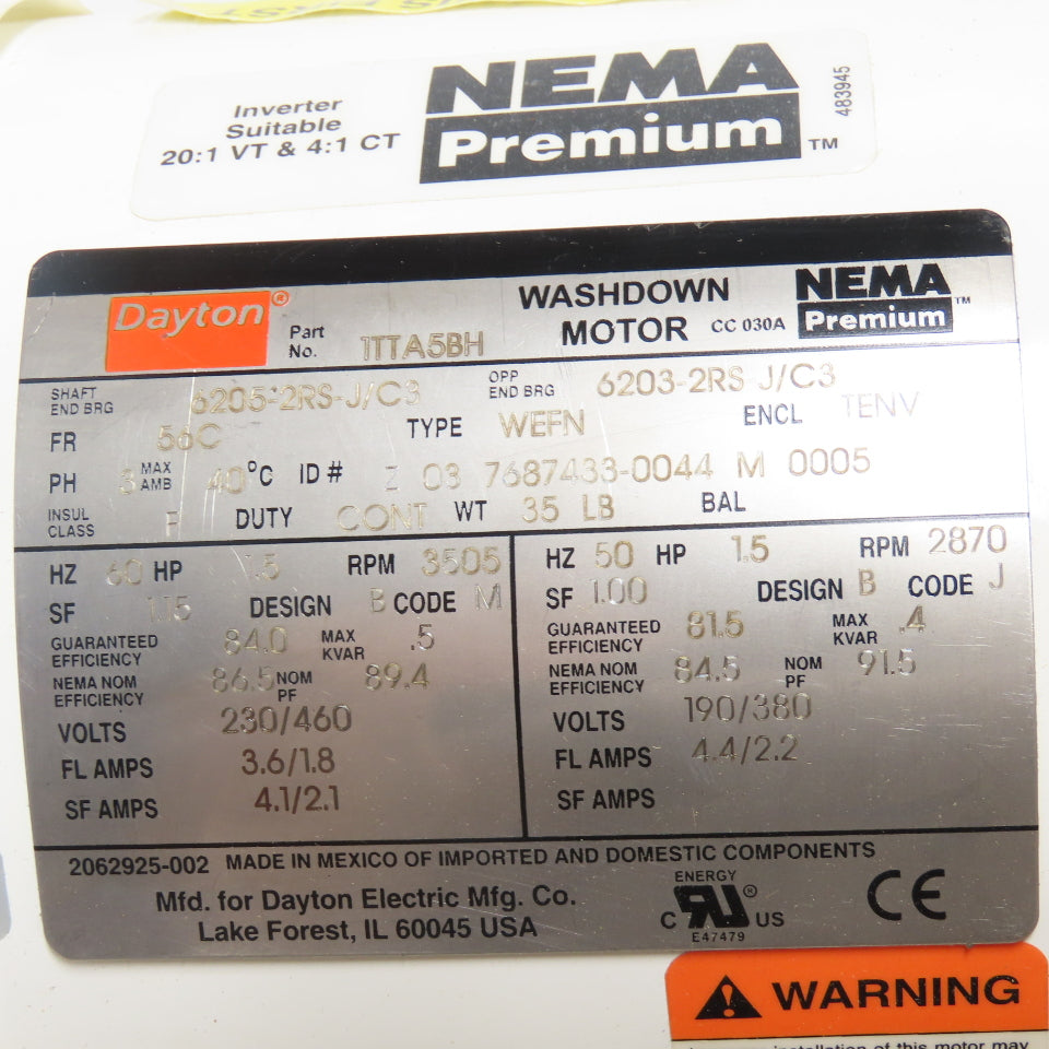 Dayton 1TTA5BH 1.5HP 3Ph Washdown Motor 230/460V 56C Frame 3505RPM