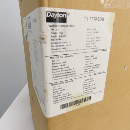 Dayton 1TTA5BH 1.5HP 3Ph Washdown Motor 230/460V 56C Frame 3505RPM
