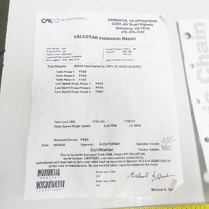 CM Model WH Valustar 1Ton 2000LB Electric Chain Hoist 10' Lift 8FPM 240/480V NEW
