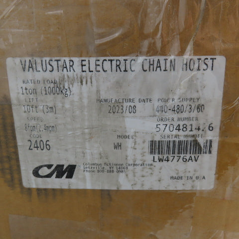 CM Model WH Valustar 1Ton 2000LB Electric Chain Hoist 10' Lift 8FPM 240/480V NEW