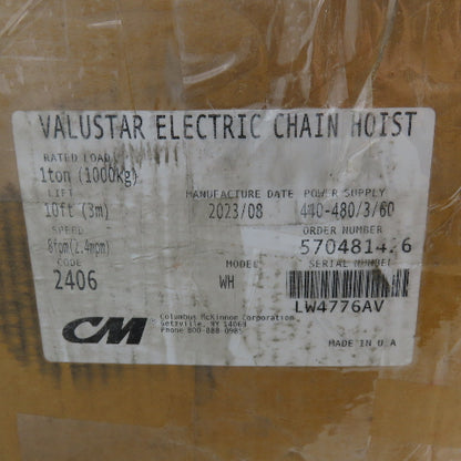 CM Model WH Valustar 1Ton 2000LB Electric Chain Hoist 10' Lift 8FPM 240/480V NEW