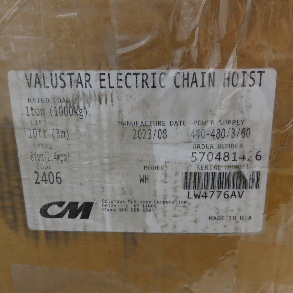 CM Model WH Valustar 1Ton 2000LB Electric Chain Hoist 10' Lift 8FPM 240/480V NEW