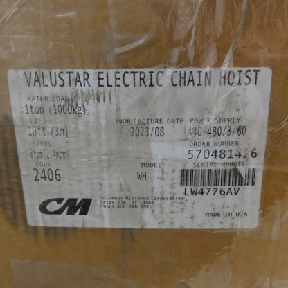 CM Model WH Valustar 1Ton 2000LB Electric Chain Hoist 10' Lift 8FPM 240/480V NEW