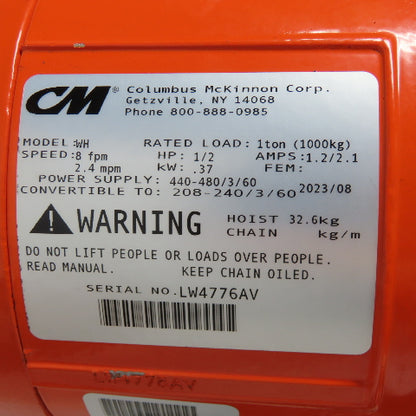 CM Model WH Valustar 1Ton 2000LB Electric Chain Hoist 10' Lift 8FPM 240/480V NEW