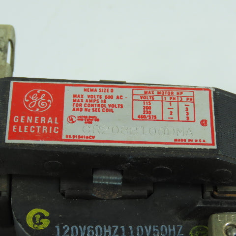 General Electric CR208B100DMA Nema Size 0 Motor Starter 18A 600V 5HP 120V Coil