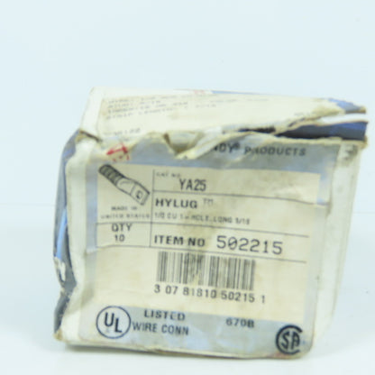 Burndy YA25 1/0 AWG Long Barrel 5/16" Compression Stud Lug Lot Of 10