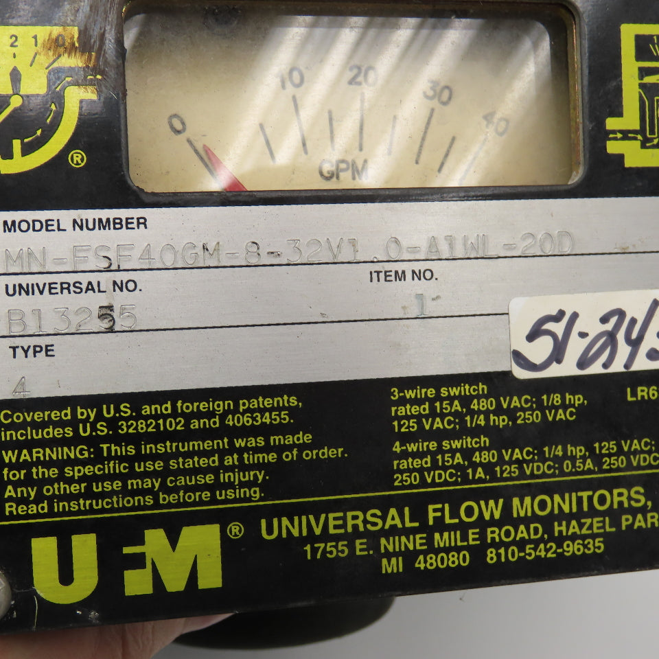 UFM MN-FSF40GM-8-32V1.0-A1WL-20D 1" NPT Brass Flow Monitor 480VAC 0-40 GPM