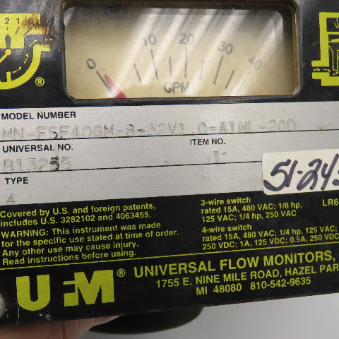 UFM MN-FSF40GM-8-32V1.0-A1WL-20D 1" NPT Brass Flow Monitor 480VAC 0-40 GPM