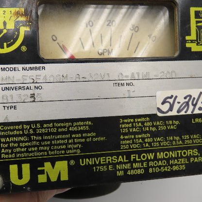 UFM MN-FSF40GM-8-32V1.0-A1WL-20D 1" NPT Brass Flow Monitor 480VAC 0-40 GPM