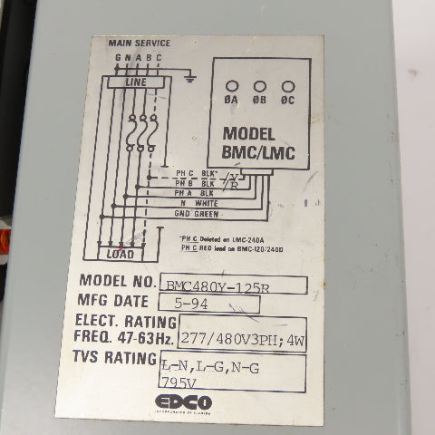 EDCO BMC480Y-125R AC Power Transient Voltage Surge Suppressor 277/480V 3Ph