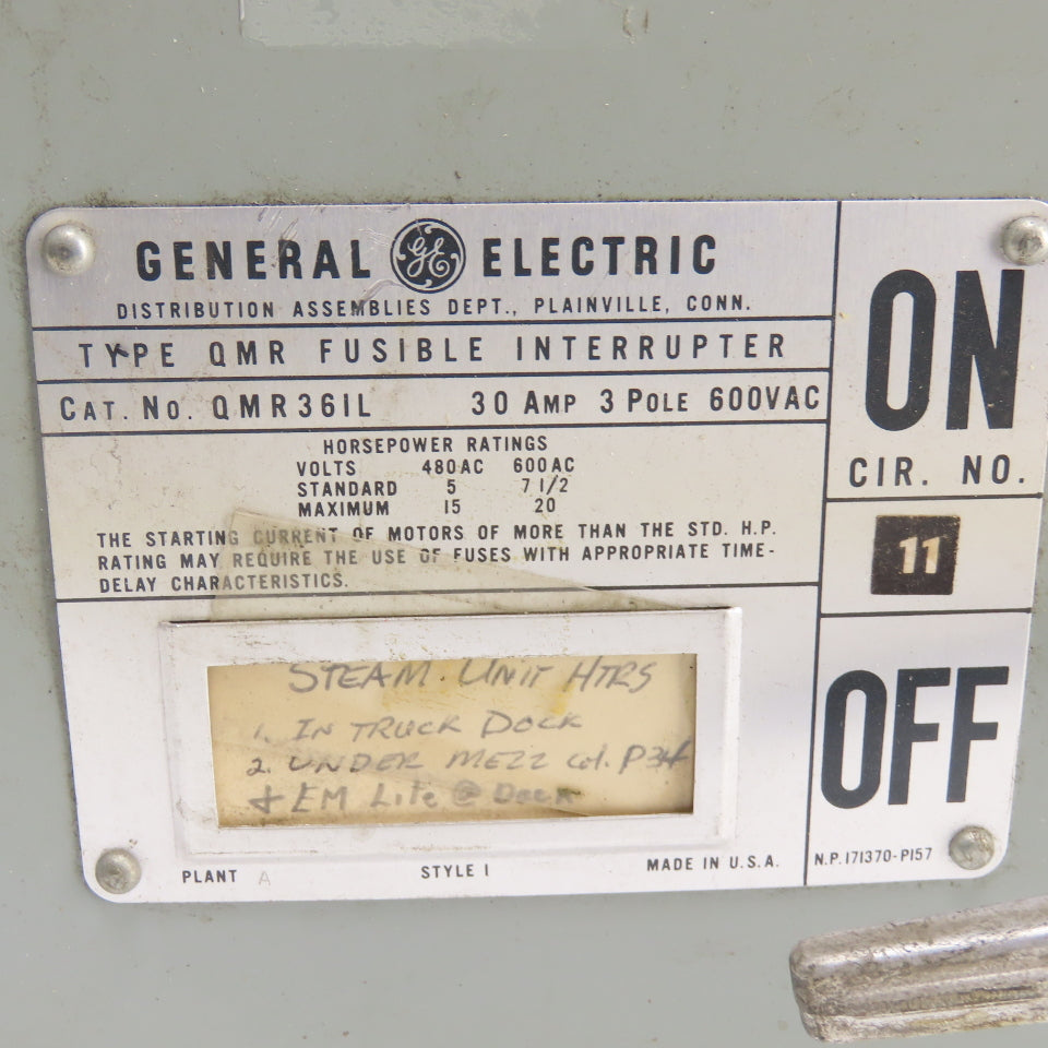 General Electric QMR36IL 30A Fusible Interrupter Switch 3 Pole 600VAC