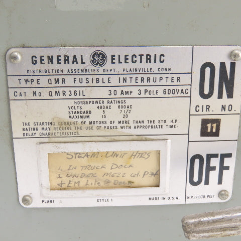 General Electric QMR36IL 30A Fusible Interrupter Switch 3 Pole 600VAC