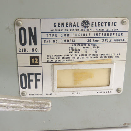 General Electric QMR36I 30A Fusible Interrupter Switch 3 Pole 600VAC