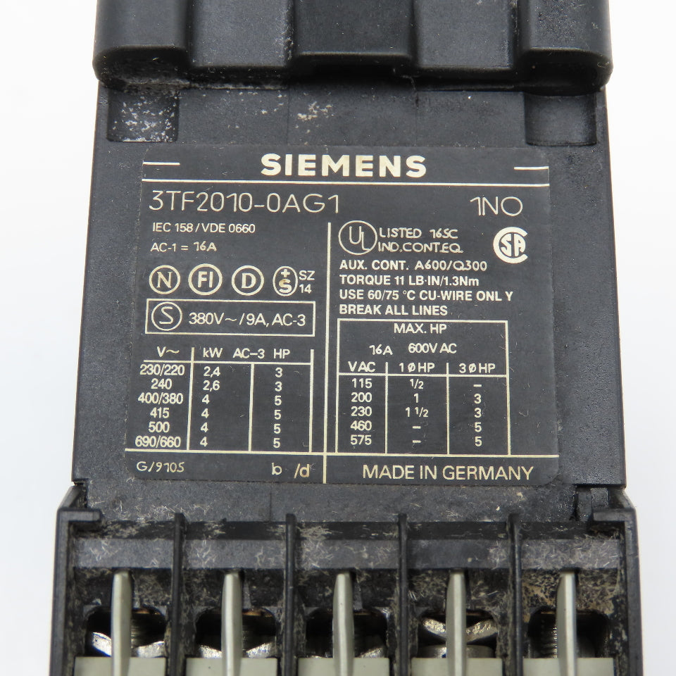 Siemens 3TF2010-0AG1 600V 16A 3Ph 5Hp Max Contactor W/0.4-0.63A Overload