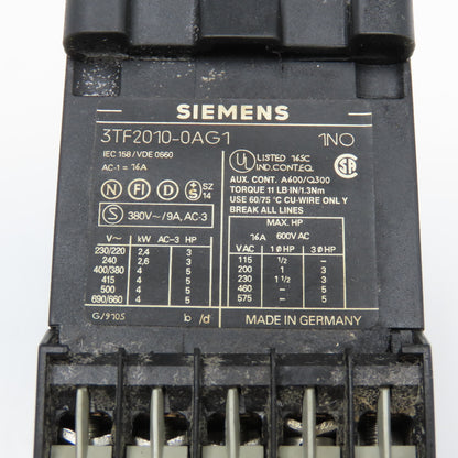 Siemens 3TF2010-0AG1 600V 16A 3Ph 5Hp Max Contactor W/0.4-0.63A Overload