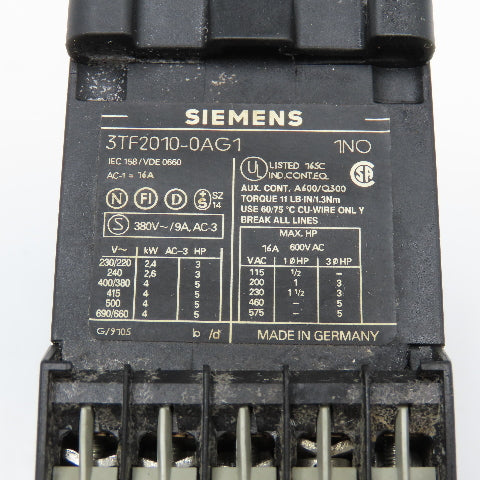 Siemens 3TF2010-0AG1 600V 16A 3Ph 5Hp Max Contactor W/0.4-0.63A Overload