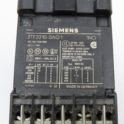 Siemens 3TF2010-0AG1 600V 16A 3Ph 5Hp Max Contactor W/0.4-0.63A Overload