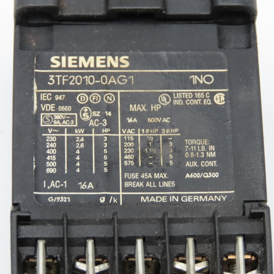 Siemens 3TF2010-0AG1 600VAC 16A 3Ph 5Hp Max Contactor Relay 110V Coil