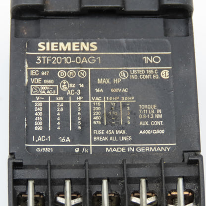 Siemens 3TF2010-0AG1 600VAC 16A 3Ph 5Hp Max Contactor Relay 110V Coil