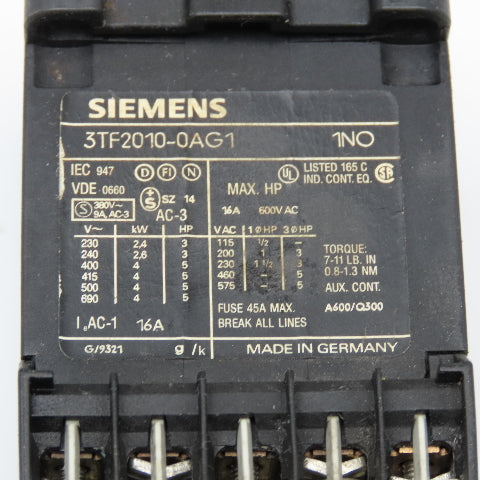 Siemens 3TF2010-0AG1 600VAC 16A 3Ph 5Hp Max Contactor Relay 110V Coil