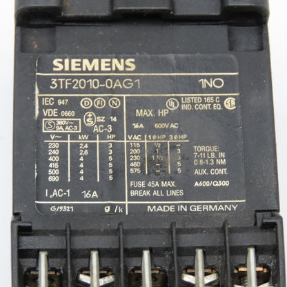 Siemens 3TF2010-0AG1 600VAC 16A 3Ph 5Hp Max Contactor Relay 110V Coil