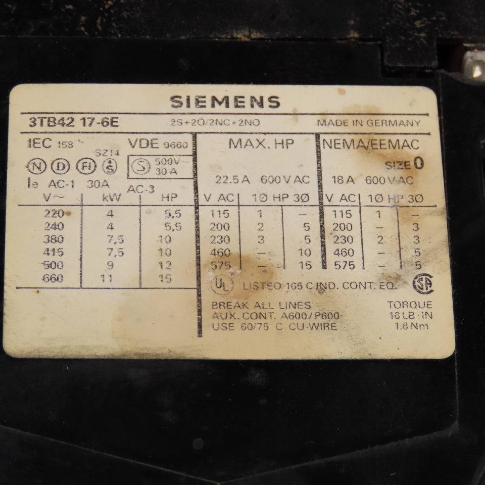 Siemens 3TB42 17-6E Reversing Contactor 600V 7.5Hp Max 6.3-10A Trip 110V Coil