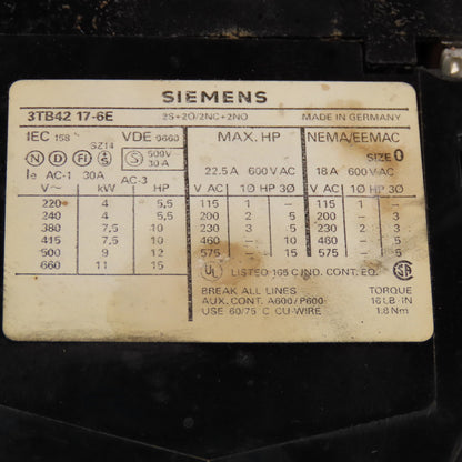 Siemens 3TB42 17-6E Reversing Contactor 600V 7.5Hp Max 6.3-10A Trip 110V Coil