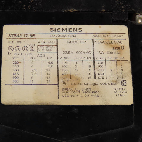 Siemens 3TB42 17-6E Reversing Contactor 600V 7.5Hp Max 6.3-10A Trip 110V Coil