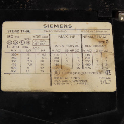 Siemens 3TB42 17-6E Reversing Contactor 600V 7.5Hp Max 6.3-10A Trip 110V Coil