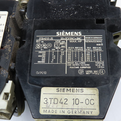Siemens 3TB42 17-6E Reversing Contactor 600V 7.5Hp Max 6.3-10A Trip 110V Coil
