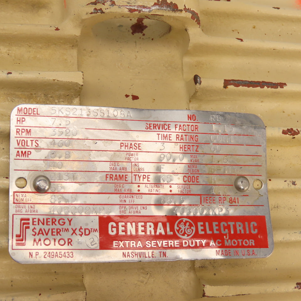 General Electric 5KS213SS108A 7.5HP AC Motor 3520RPM 460V 3PH 8.8A 213T Frame