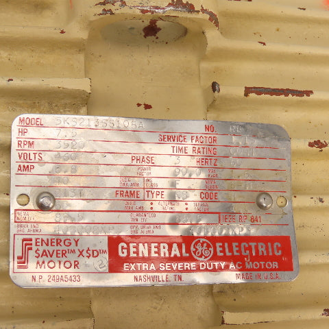 General Electric 5KS213SS108A 7.5HP AC Motor 3520RPM 460V 3PH 8.8A 213T Frame