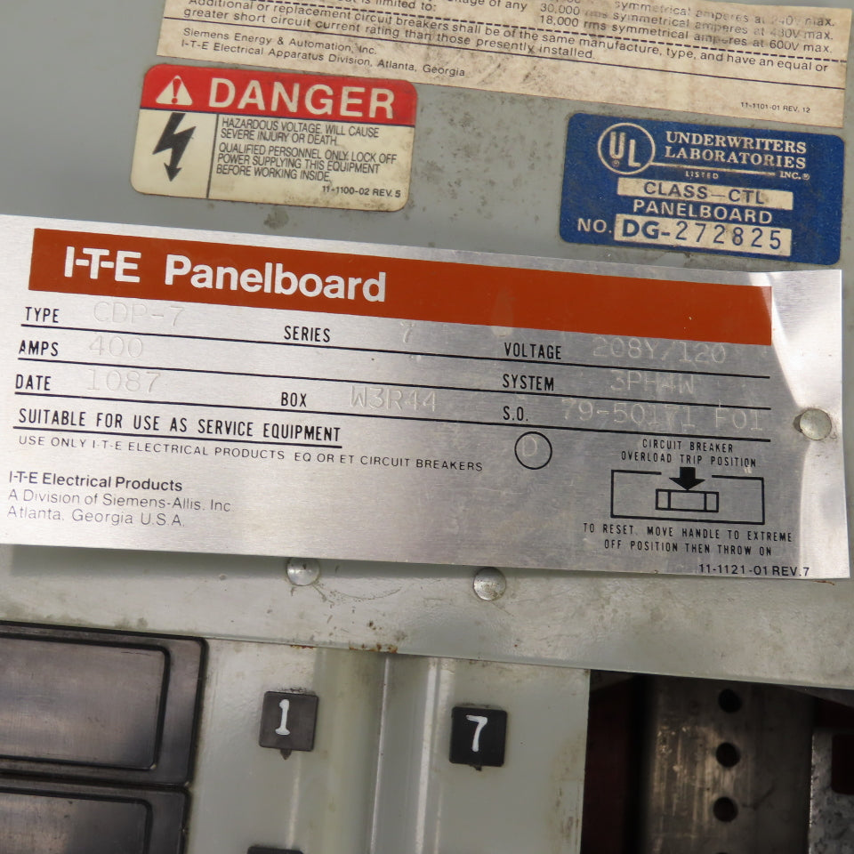 Siemens CDP-7 400A I-T-E Circuit Breaker Box Panelboard 208Y/120V 3PH 4W