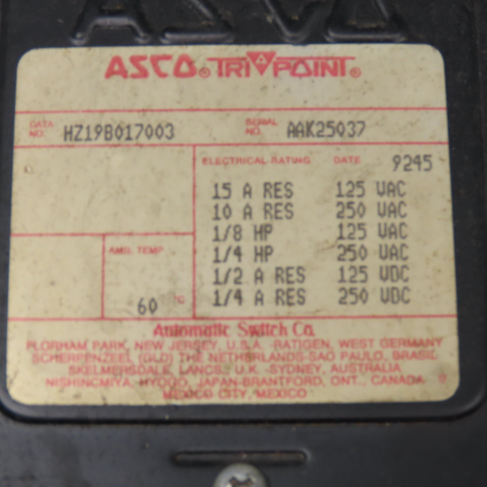 ASCO HZ19B017003 Tri-Point Pressure Switch 250V AC/DC