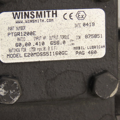 Winsmith PTGR1200E E20 60:1 Ratio Gear Reducer 29RPM Output 0.410HP 656 LB Torq