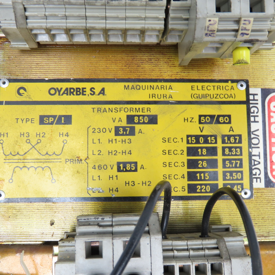 Oyarbe S,A SP/I 230/460V Primary 15, 18, 26, 115/220V Sec. 850VA Transformer