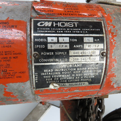 CM Lodestar Model H 1 Ton 2000LB Electric Chain Hoist 15' Lift 8FPM 230/460V 3PH