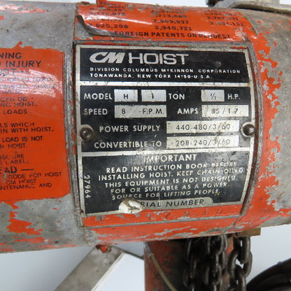 CM Lodestar Model H 1 Ton 2000LB Electric Chain Hoist 15' Lift 8FPM 230/460V 3PH