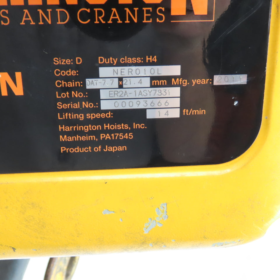 Harrington NER010L 1 Ton 2000LB Electric Chain Hoist 15' Lift 10FPM 230/460V 3PH