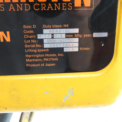 Harrington NER010L 1 Ton 2000LB Electric Chain Hoist 15' Lift 10FPM 230/460V 3PH