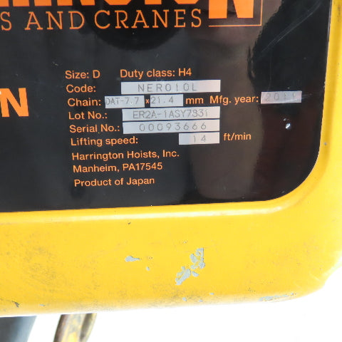 Harrington NER010L 1 Ton 2000LB Electric Chain Hoist 15' Lift 10FPM 230/460V 3PH