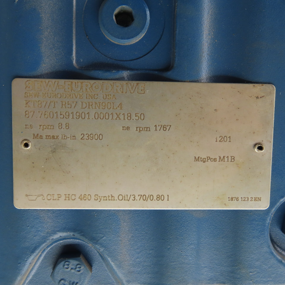 SEW-Eurodrive KT87/T R57 DRN90L4 2HP Gear Motor & Parallel Reducer 8.8RPM Out